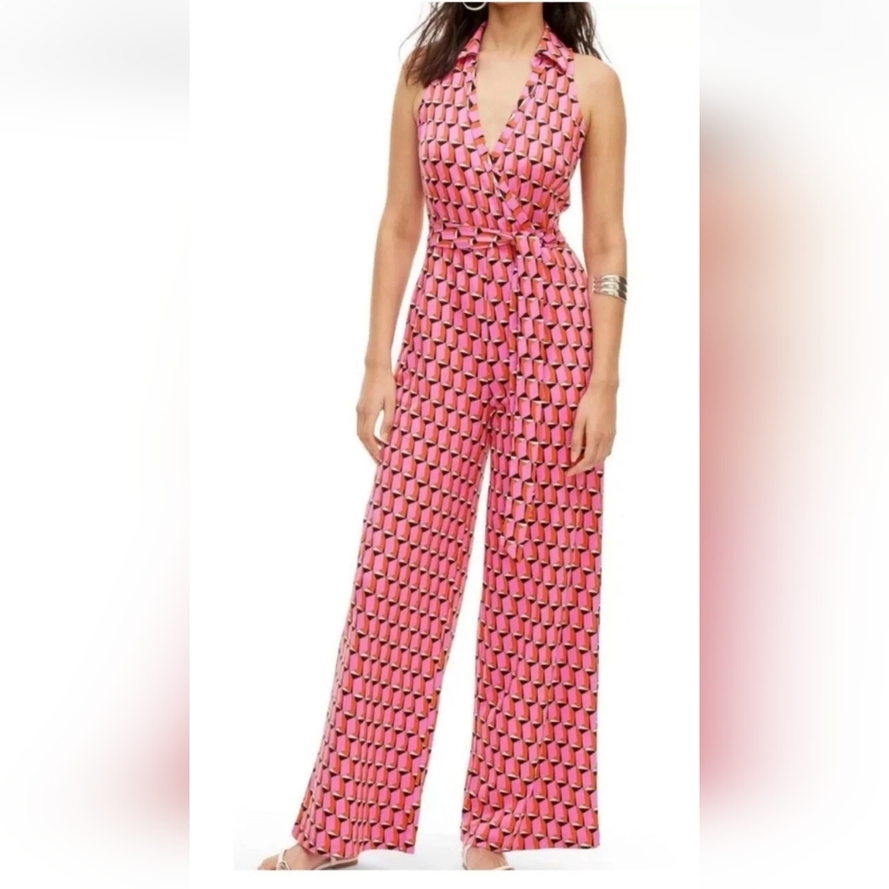 Diane Von‎ Furstenberg Target Collared Sleeveless Pink Geo Jumpsuit Size Medium